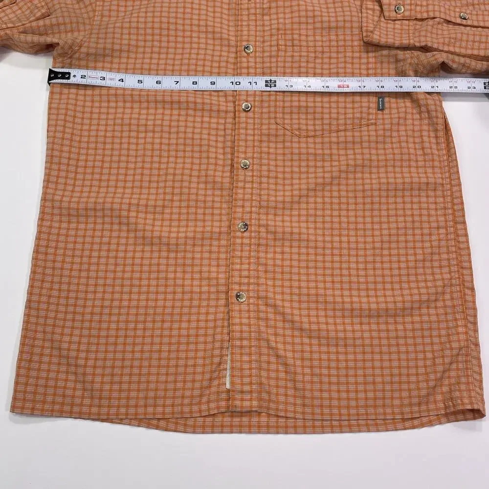 Simms Performance Shirt Mens Medium Orange Plaid Long Sleeve Fishing Outdoors